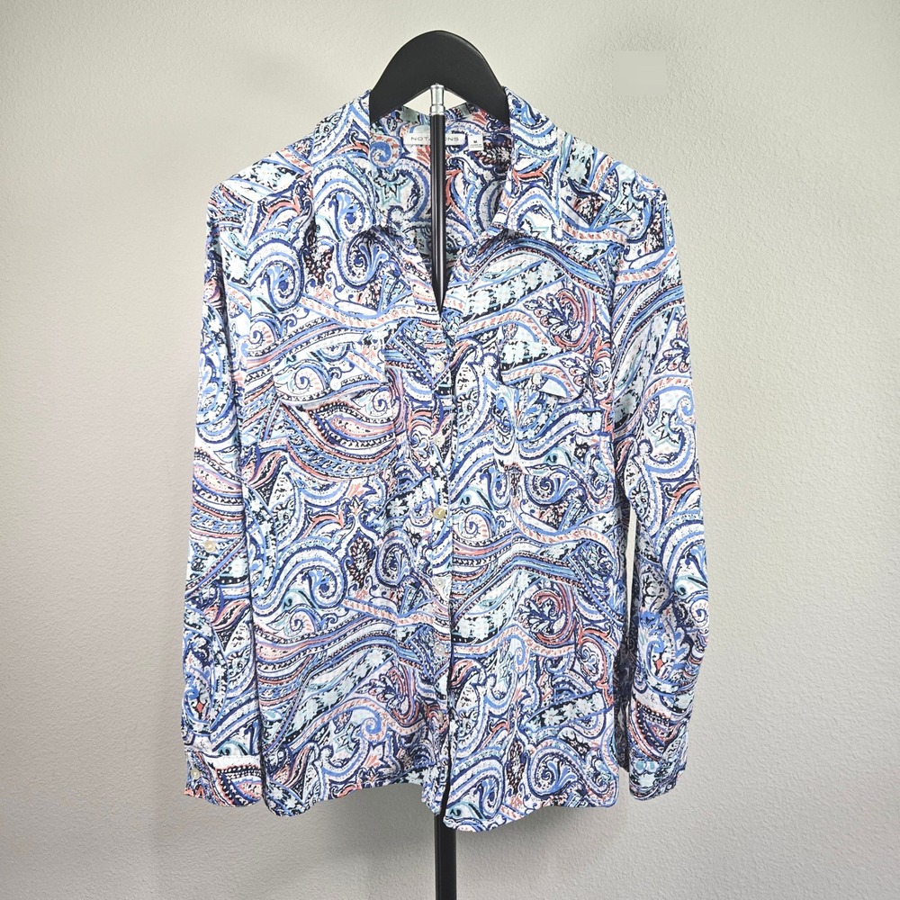 Notations Button Down Shirt Women Medium Blue Paisley Long Sleeve Boho Chic